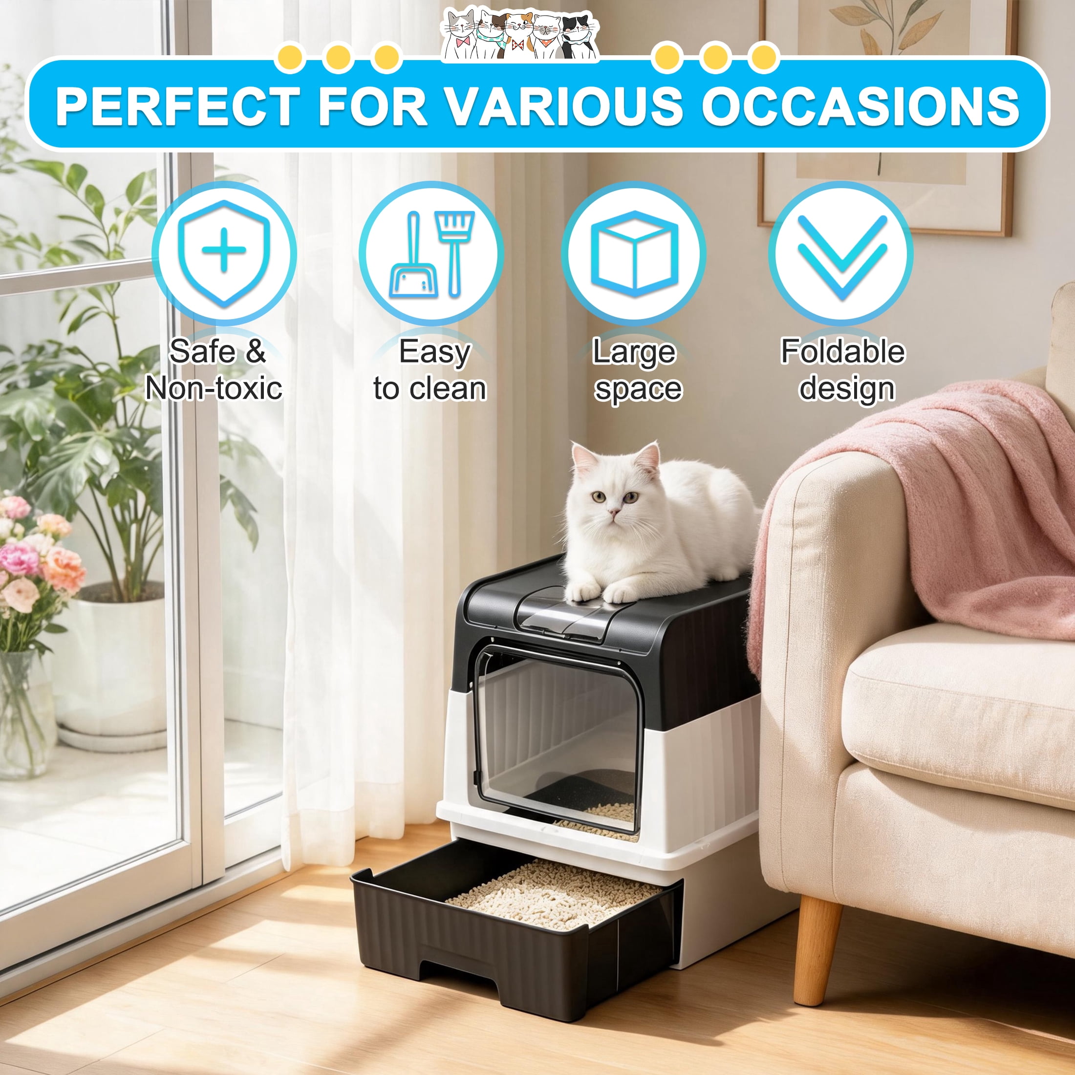 Foldable Cat Litter Box, Fully Enclosed Litter Box with Lid, Covered Kitty Kitten Litter Boxes Enclosure with Scoop, Odor Control, Easy to Clean