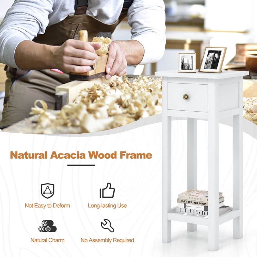 Finihen End Table, Nightstand, 2 Tier Slim Nightstand Bedside Table with Drawer Shelf, Sofa Side Table, Bed Side Table, for Living Room, Bedroom, White Finihen End Table, Nightstand, 2 Tier Slim Nightstand Bedside Table with Drawer Shelf, Sofa Side Table, Bed Side Table, for Living Room, Bedroom, White