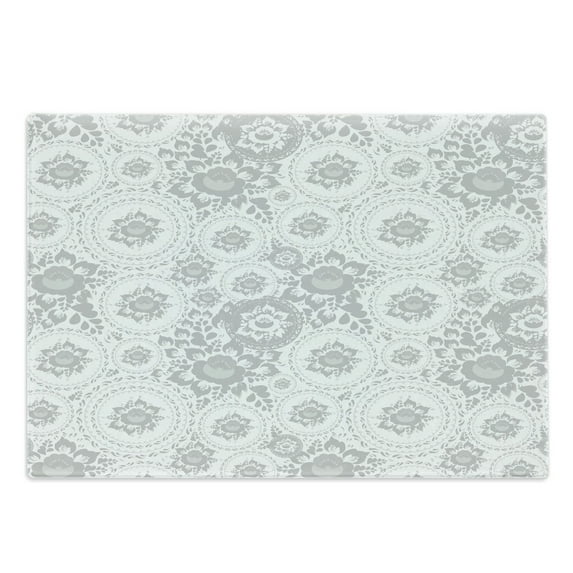 Grey Cutting Board, Shabby Form Medieval Slavic Monochrome Rose Petals Florets Fragrance Work of Art, Decorative Tempered Glass Cutting and Serving Board, Large Size, White, by Ambesonne