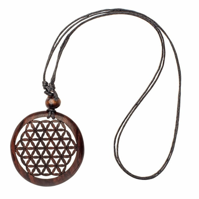 81stgeneration Women's Men's Wood Brown Round Flower Seed of Life Sacred Geometry Pendant Necklace