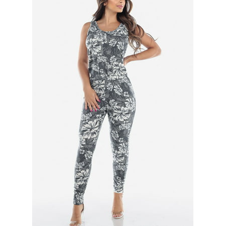 Womens Juniors Ladies Cute Slip On 2019 Casual Summer Wear Anywhere Grey Flower Floral Print Sleeveless Scoop Neck Super Stretchy Slim Fit Bodycon Jumpsuit