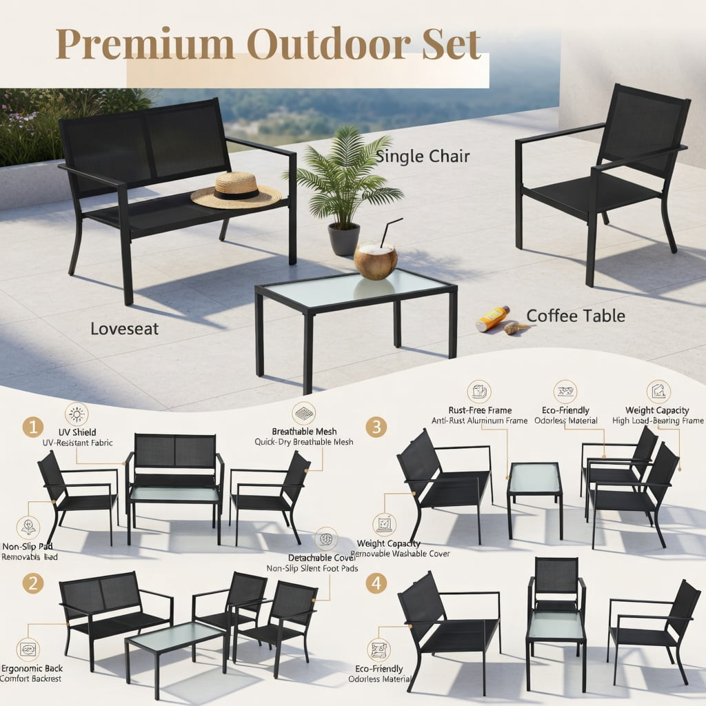 Hommoo 4-Piece Outdoor Patio Furniture Set, Steel Frame Loveseat, 2 Chairs & Tempered Glass Coffee Table for Backyard, Garden, Poolside, Gray