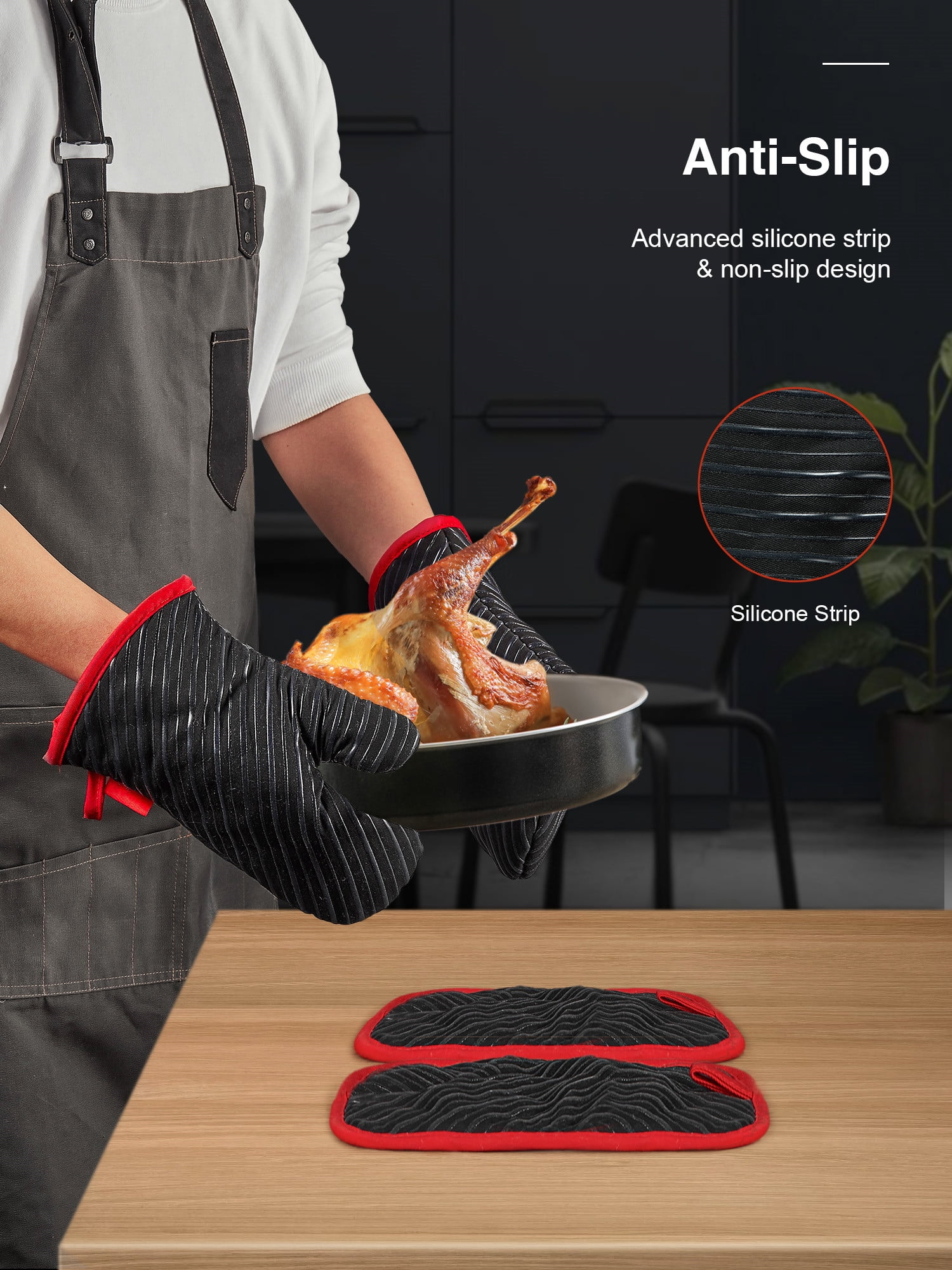 Bestonzon 4pcs Heat Resistant Oven Mitts and Pot Holders Soft Cotton Lining with Non-Slip Surface for Safe BBQ Cooking Baking Grilling (Black)