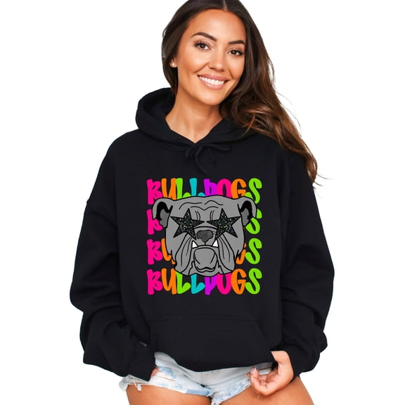 Bulldogs Mascot Hoodie for Women Teen Girls School Spirit Game Day, Black Hoodie, M