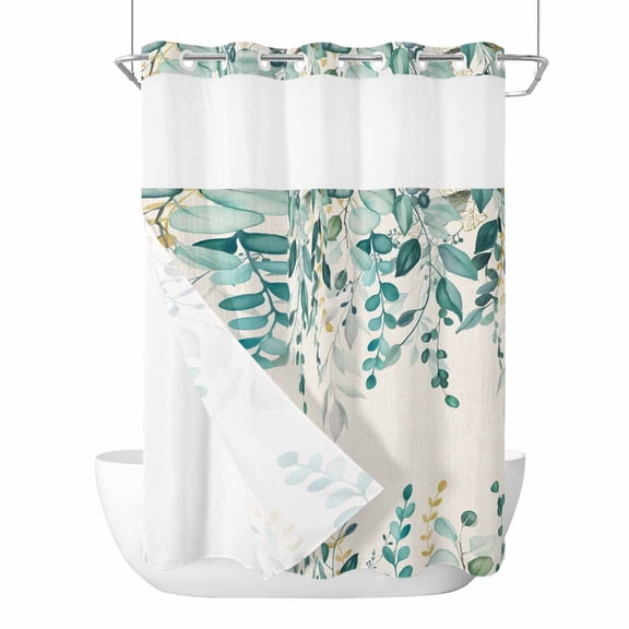 No Hook Shower Curtains with Snap-in Liner Set, Teal Green Eucalyptus Waterproof Hotel Style Bathroom Shower Curtain, Farmhouse Weeping Leaves Linen Breathable Mesh Top Window Bath Curtains 72''x84''