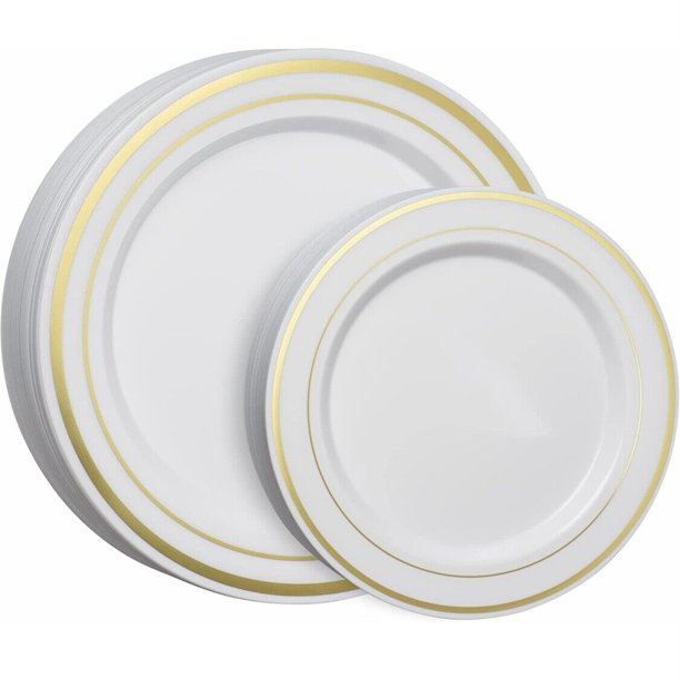 Premium Disposable Gold Trim Plastic Party Plates 9'' and 6'' Heavy