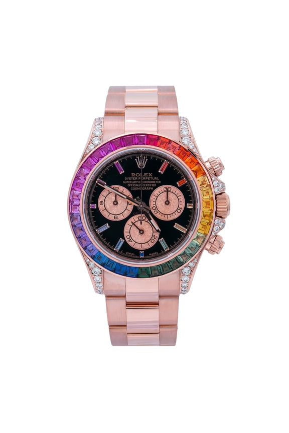 Pre-Owned Rolex Daytona 116505 40MM Black Rainbow Diamond Dial And Bezel With Rose Gold Oyster Bracelet