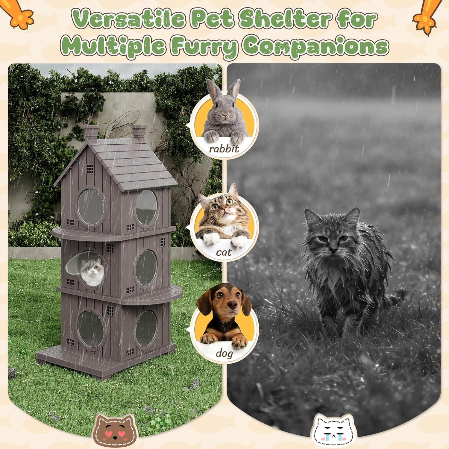 FICARTS Indoor/Outdoor Cat House, Weather-Resistant Pet Shelter with Elevated Base, Multi-Entry Cat Cottage for Feral & Household Cats