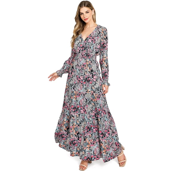 Love Stitch Women's Elegant Floral Long Sleeve Open Back Maxi Dress (S, Black/Pink)