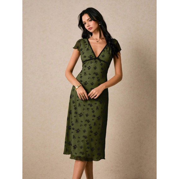 Army Green Ditsy Floral V-Neck Midi Dress With Short Sleeves And Black Trim Detail