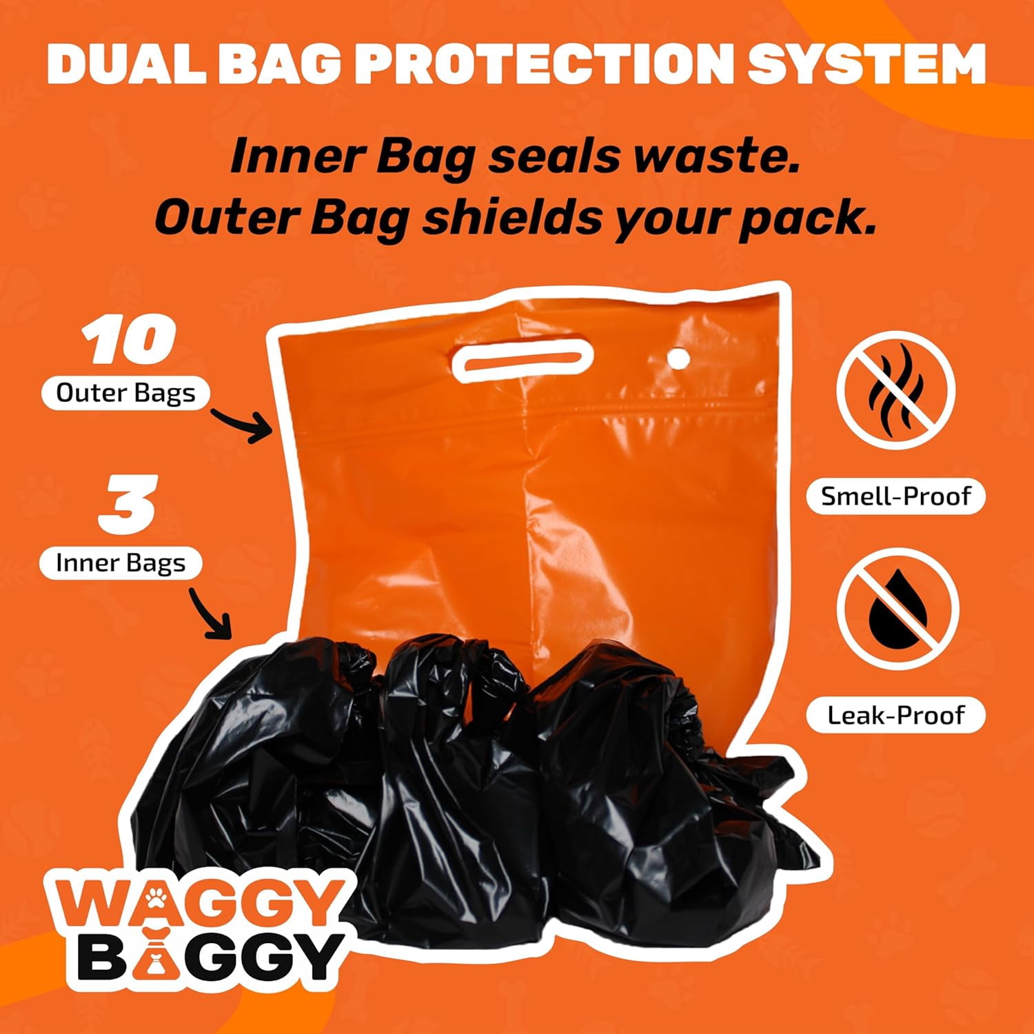 Waggy Baggy, Adventure Ready Dog Waste Bags with Smell-Proof, Dual Bag System, with Convenient Carry Handle, 10ct