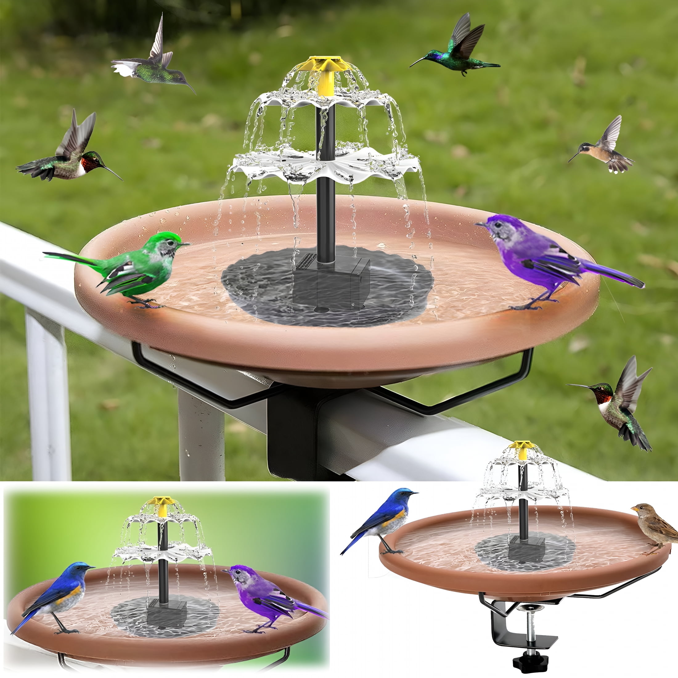 ACDANC 2026 New Decking Mounted Glass Bird Baths Bowl Spa with Adjustable Sturdy Steel Clamp and Solar Fountain Pump for Garden Patio Grass Yard Decks Railing Decoration