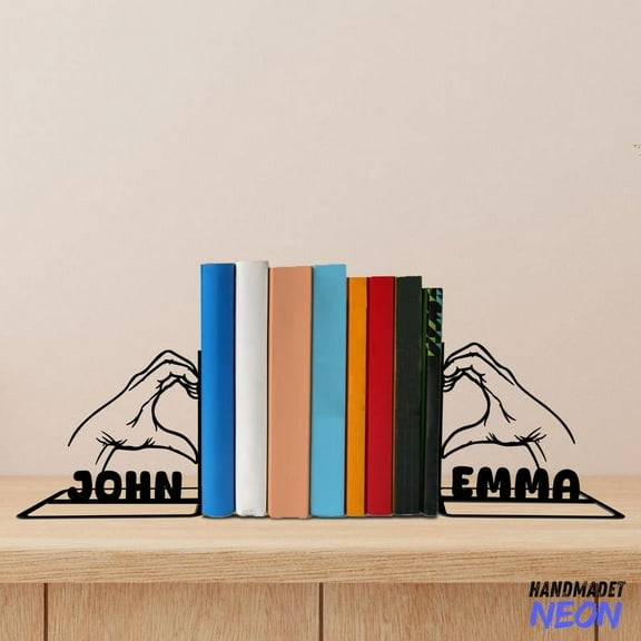 Handmadetneonsign Heart Hands Metal Bookends, Name Bookend, Hand Table Bookshelf Decor, Book Lover Gift 80134