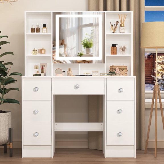 Teousev LED Lighted Vanity Table with Mirror & 7 Drawers, Large Makeup Desk for Bedroom, White