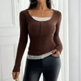 thumbnail image 4 of CIENVNSTG Women Lace Patchwork Ribbed Knit Tee Scoop Neck Casual Slim Fit Long Sleeve Crewneck Button Up Ruched Crop T-Shirts Coffee M, 4 of 7