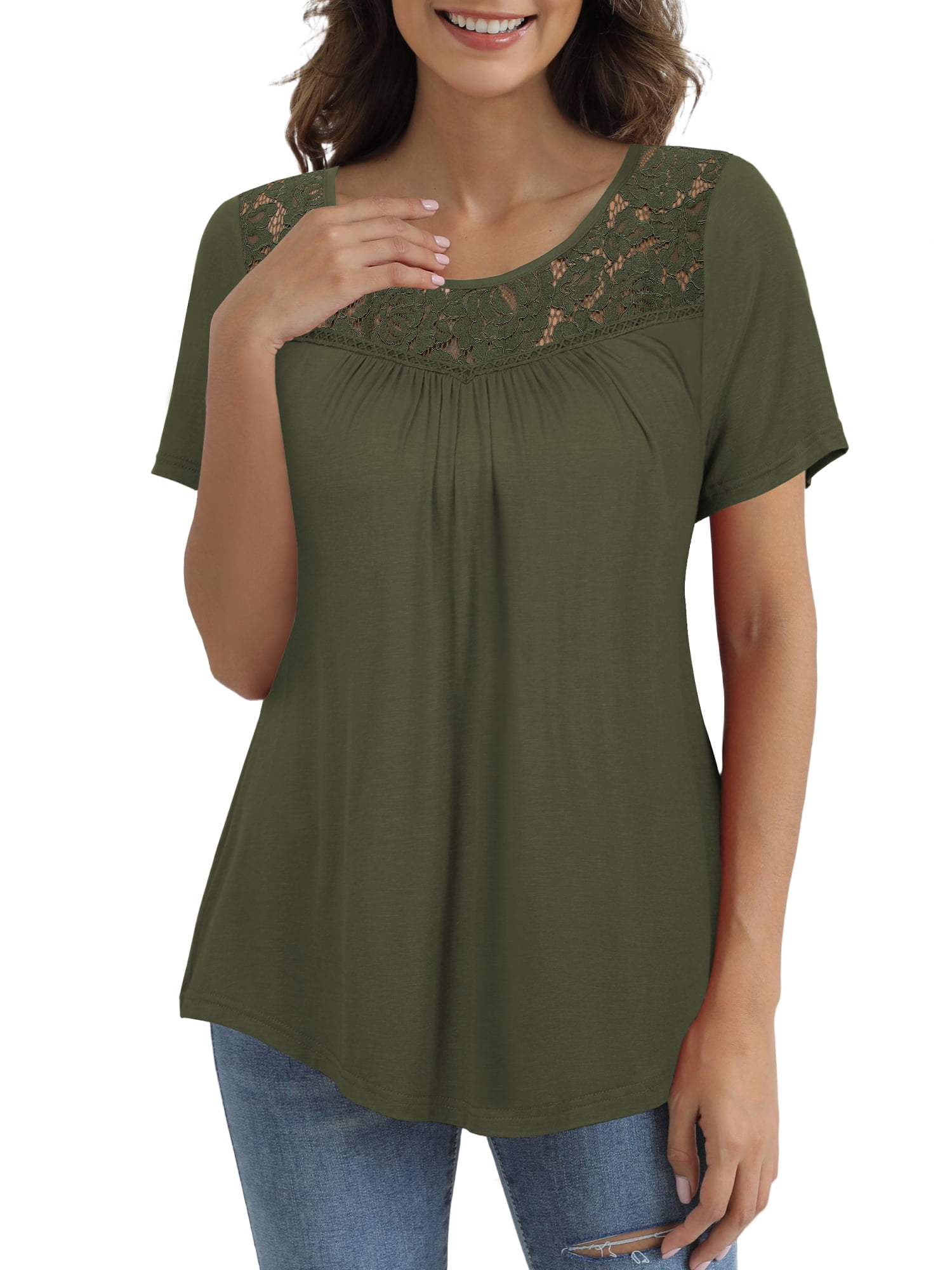 a.Jesdani Womens Tops Plus Size Short Sleeve Army Green Shirts Lace ...