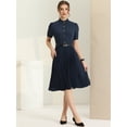 thumbnail image 2 of Vestido camisero Allegra K de media solapa para mujer manga corta volantes plisado midi con cinturón Azul marino XS, 2 of 5