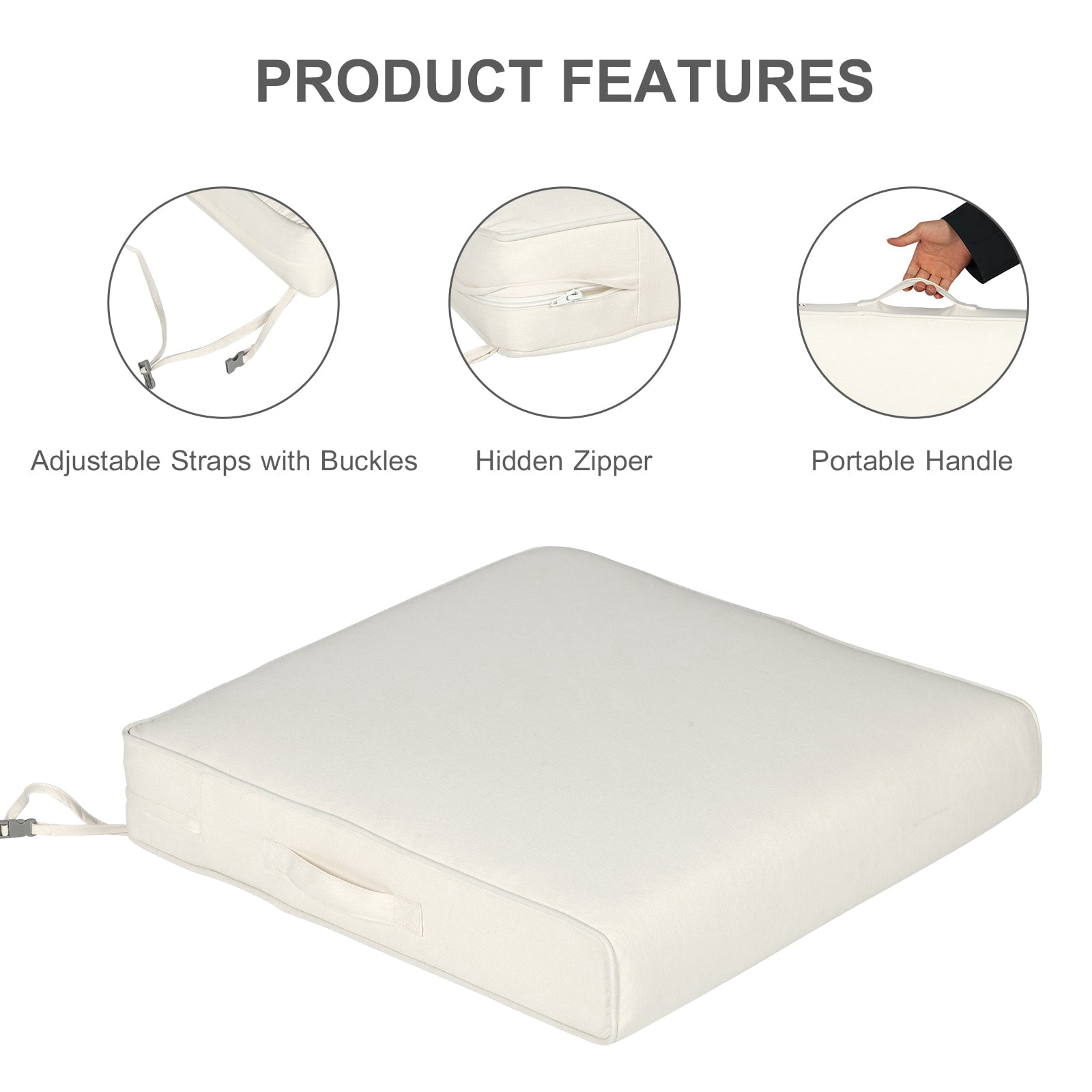 Aoodor Patio Chair Cushions Set of 2, 23 x 26 x 4 Inch Water Resistant Outdoor Seat Cushions with Handle and Ties, Square Corner Cushions for Patio Furniture Garden Lawn, Ivory