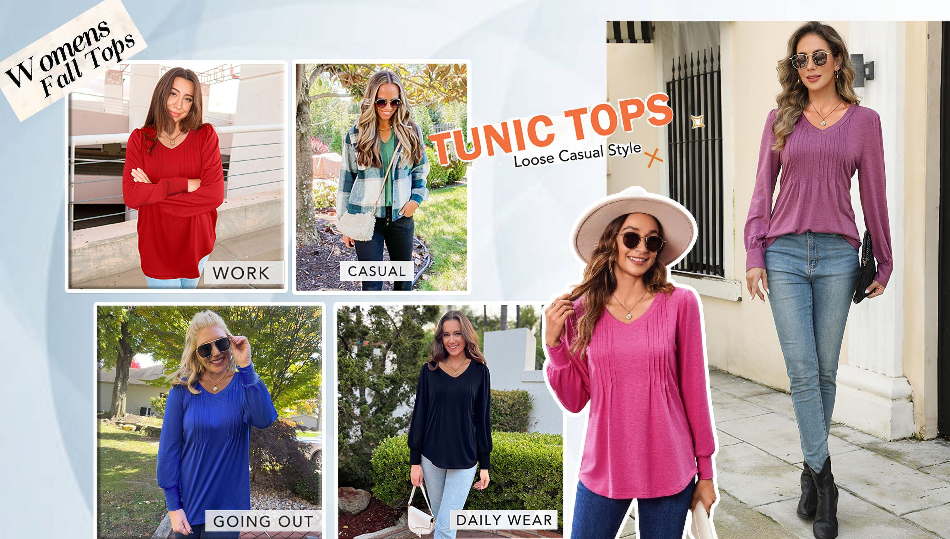 Fantaslook Long Sleeve Shirts for Women Fall Tops Dressy Casual Blouses Pleated V Neck Tunic Tops