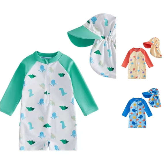 Rggeeun Baby Boys Swimsuit Set 2Pc Cartoon Animal Pattern Long Sleeve Crew Neck Front Zipper Knee Length with Cover Up Hat for Summer Splash Fun Lovely Swim Wear,Green,12-18 Months