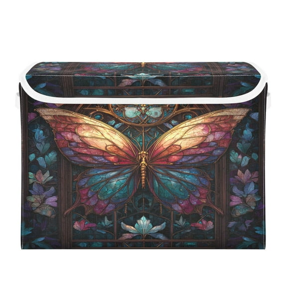 Large Collapsible Storage Box Flip Lid Fabric Decorative Organizer Container Basket with Handles 16.5×12.6×11.8in Multi-color Metal Butterfly