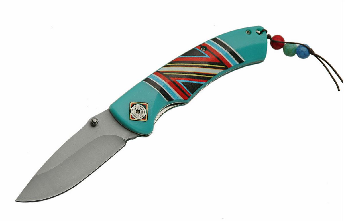 FOLDING POCKET KNIFE 4.5" Silver Blade Blue Native American Tribal Spirit EDC
