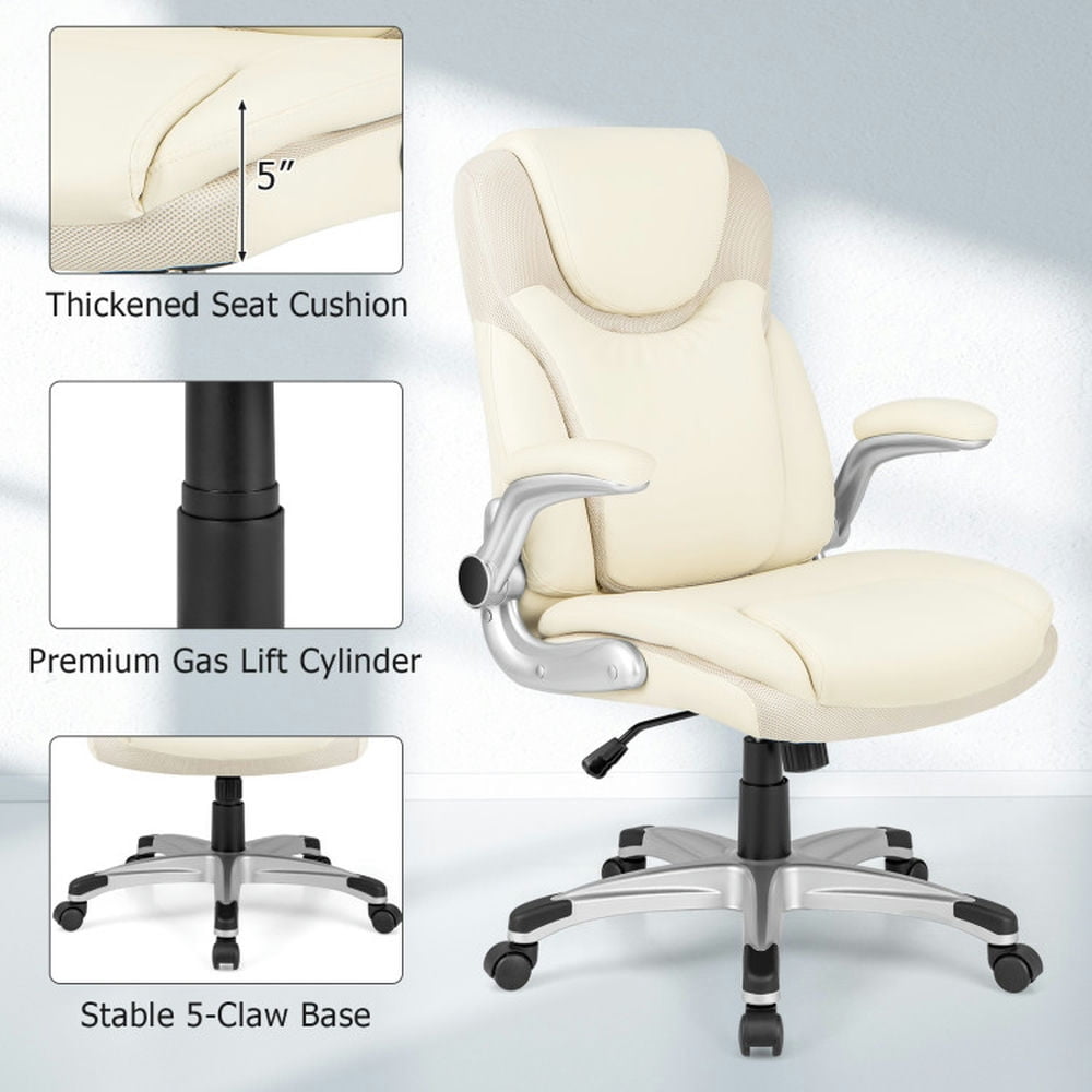 Demi Bonn Ergonomic Office PU Leather Executive Chair with Flip-up Armrests and Rocking Function, for Home, Bedroom, Study, White