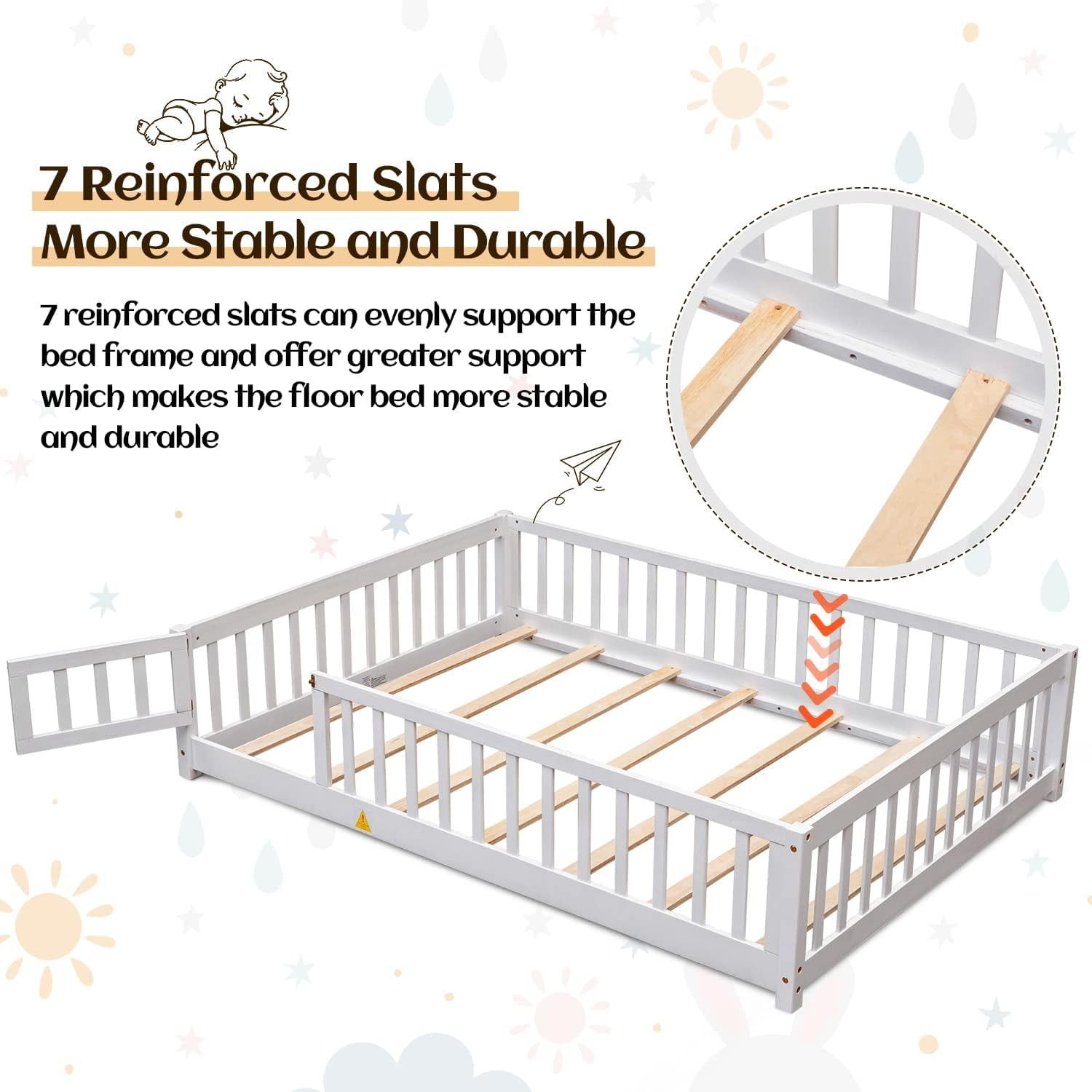 Twin Floor Bed Frame for Toddler, Montessori Floor Bed with Fence and Wood Slats, Low Wood Platform Beds for Girls Boys Kids Happy Time, White