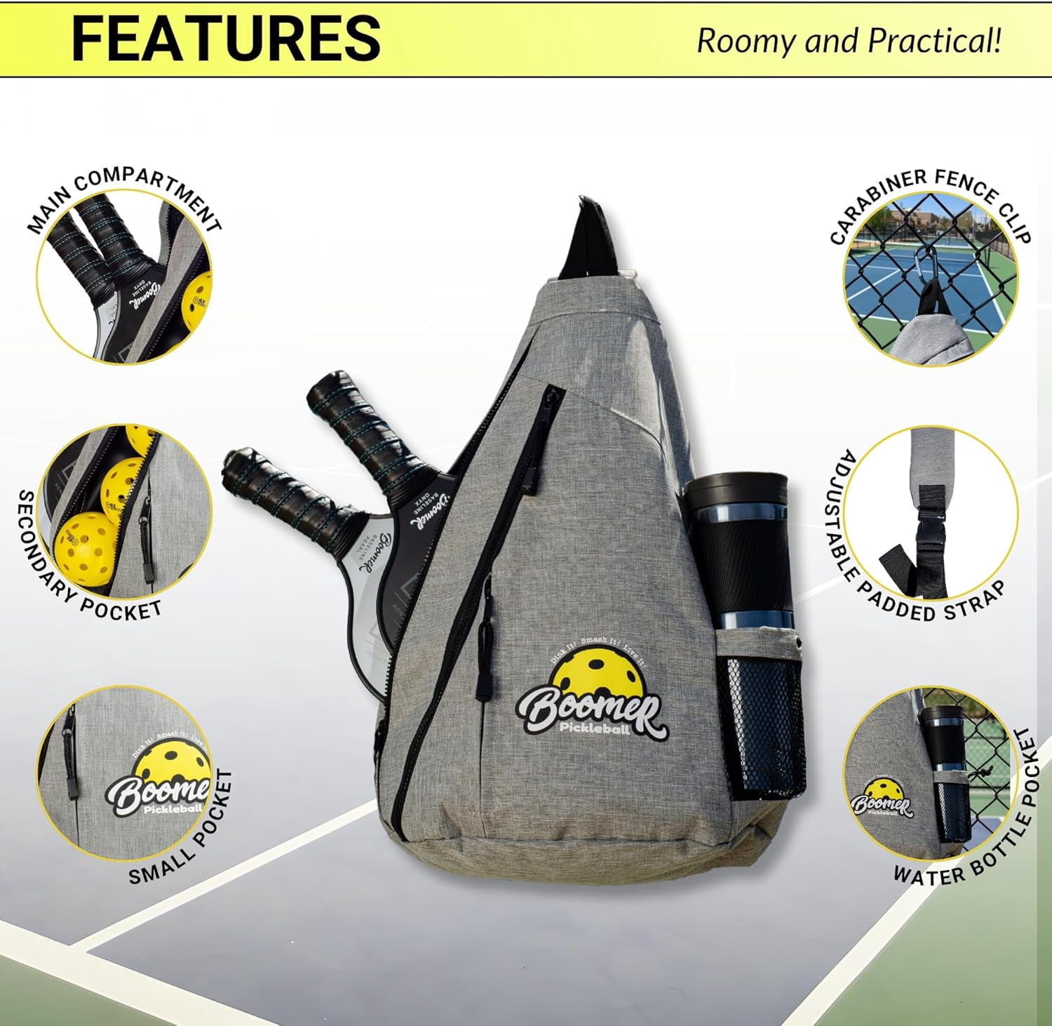 Boomer Pickleball Sling Bag with Paddle Storage, 3 Zipper Compartments, Water Bottle Pocket, Fence Clip