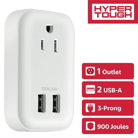 Hyper Tough USB Outlet Extender & Surge Protector, 1 Outlet Splitter with 2 USB-A Ports, White