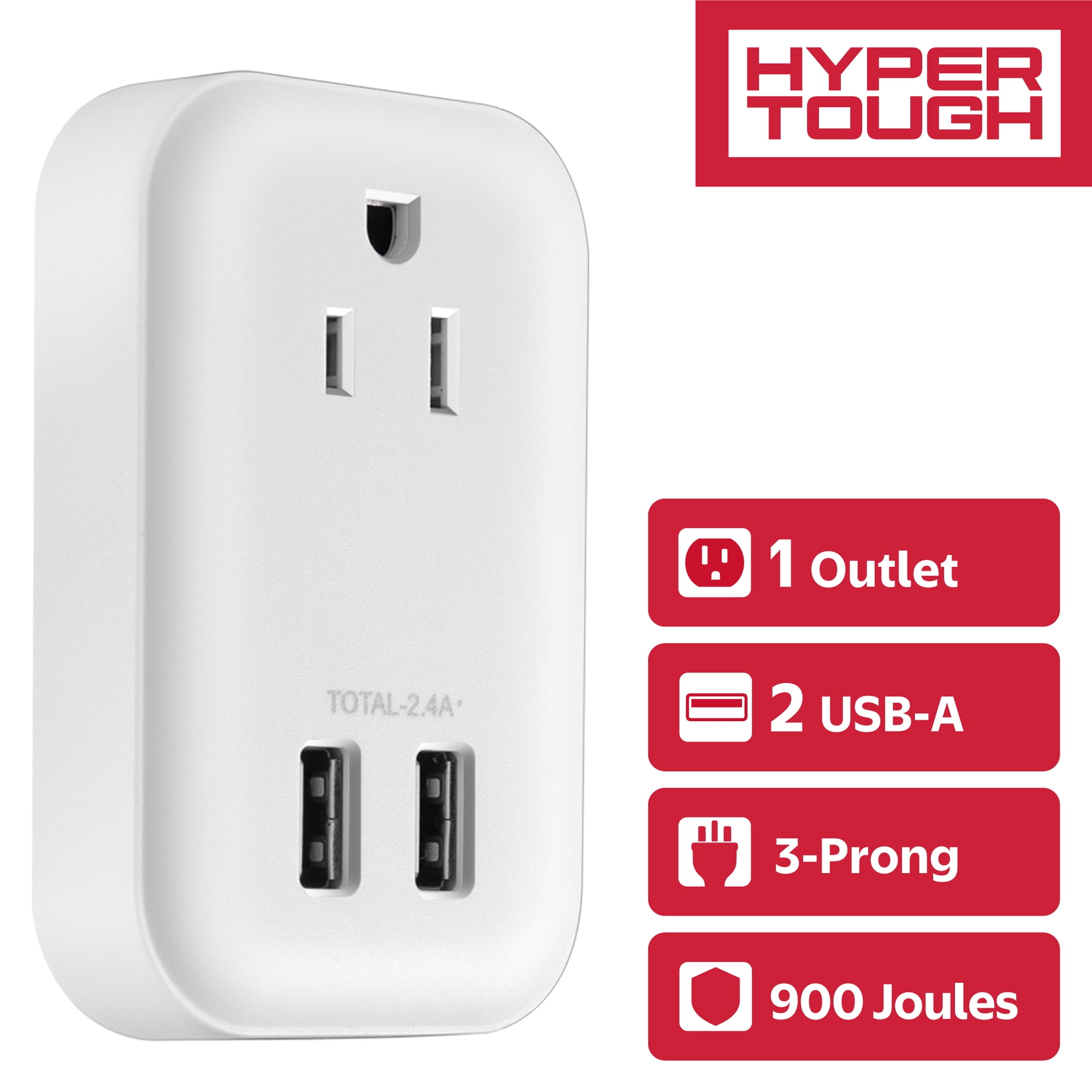 Hyper Tough USB Outlet Extender & Surge Protector, 1 Outlet Splitter with 2 USB-A Ports, White