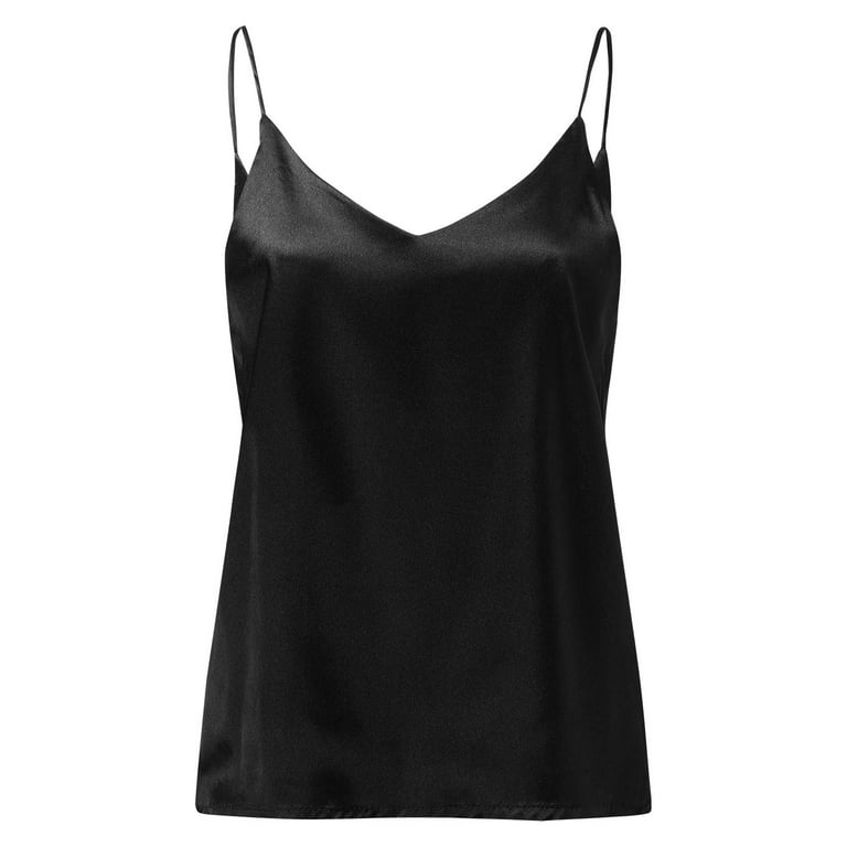 Pxiakgy tank top for women Womens Spaghetti Strap V Neck Satin Camisole  Sleeveless Soft Tank Top Black + US 4