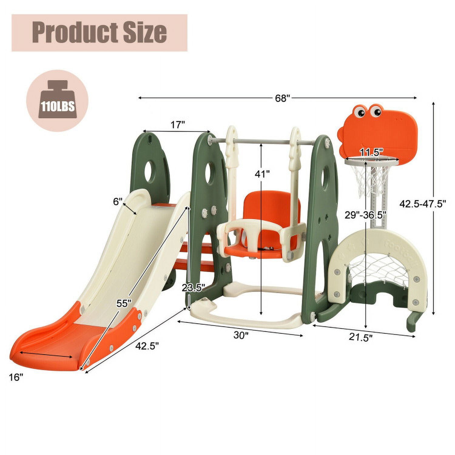 GVN Play Climber Slide Set,6 in 1 Toddler Slide and Swing Set with Ball Games-Orange