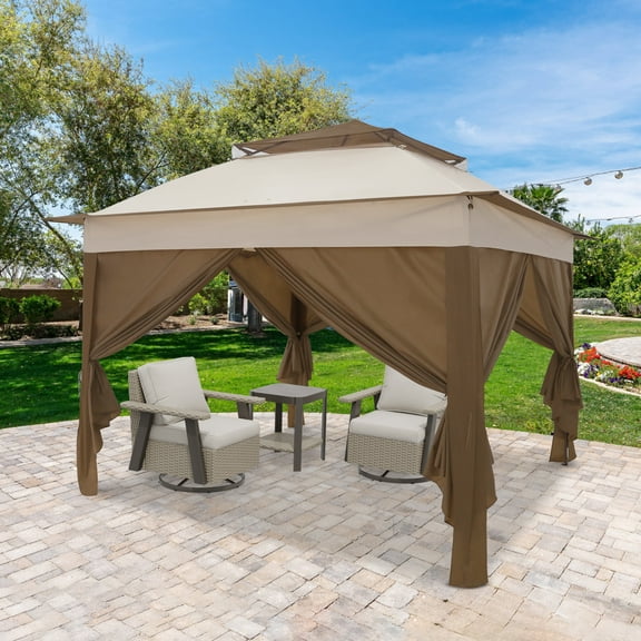 EAGLE PEAK 11x11 Pop-up Instant Gazebo Tent with 4 Sidewalls Outdoor Canopy Shelter with Carry Bag, Beige