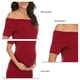 thumbnail image 5 of Vestido de maternidad con hombros descubiertos, color rojo vino, mangas cortas, color puro, suave y cómodo, corte ajustado y elegante para uso diario, 5 of 6