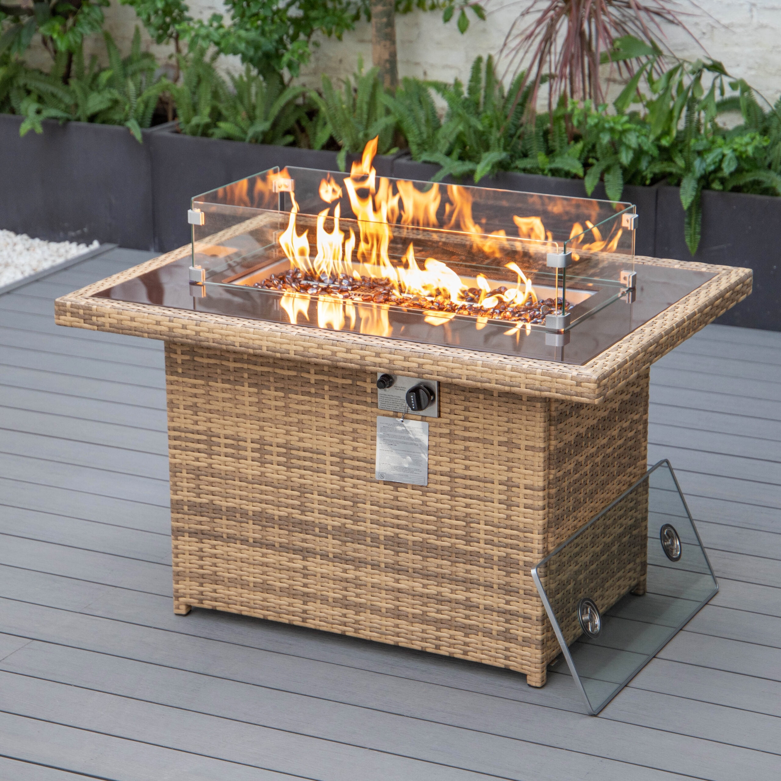 LeisureMod Wicker 55,000 BTU Fire Pit Table with Removable Lid and Tempered Glass Shield Propane Tank Storage for Modern Home, Patio, Backyard Garden Mace Collection in Light Brown