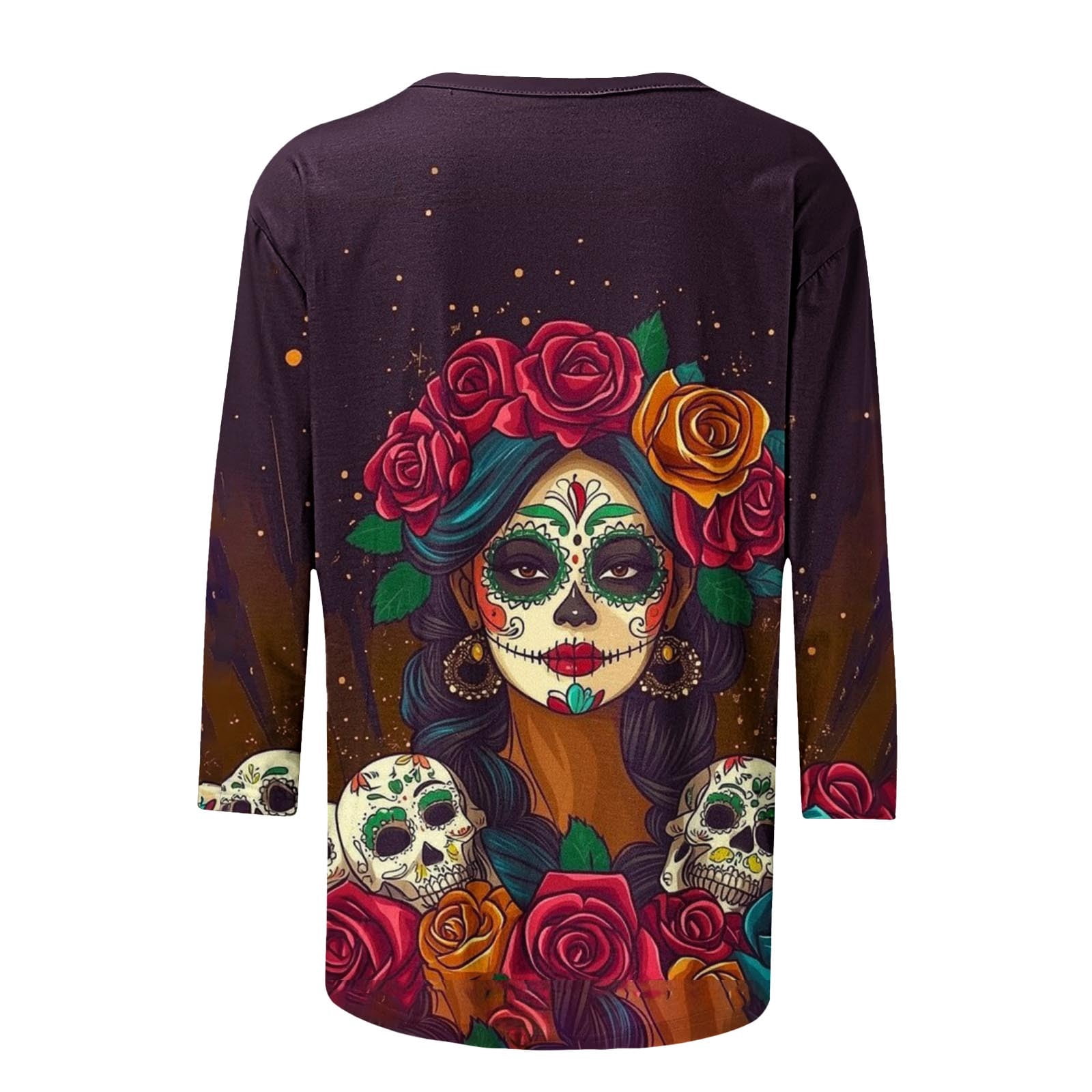 Women's Day of The Dead Print T-Shirt Crew Neck 3/4 Sleeve Loose Fit Mexican Skull Tee