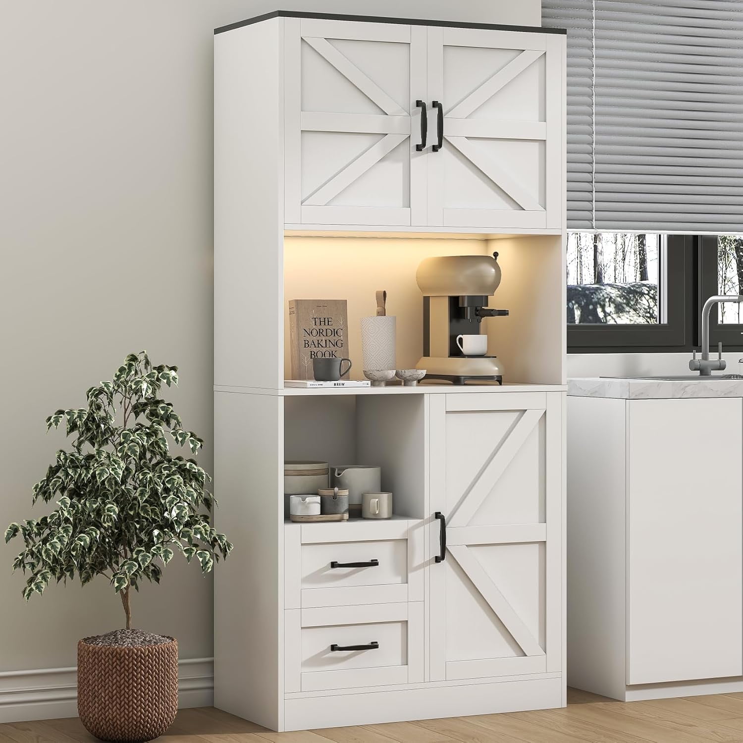 Winkalon 68'' Kitchen Pantry Hutch with Charging Station and LED Light, Buffet Storage Cabinet with Adjustable Shelves, White