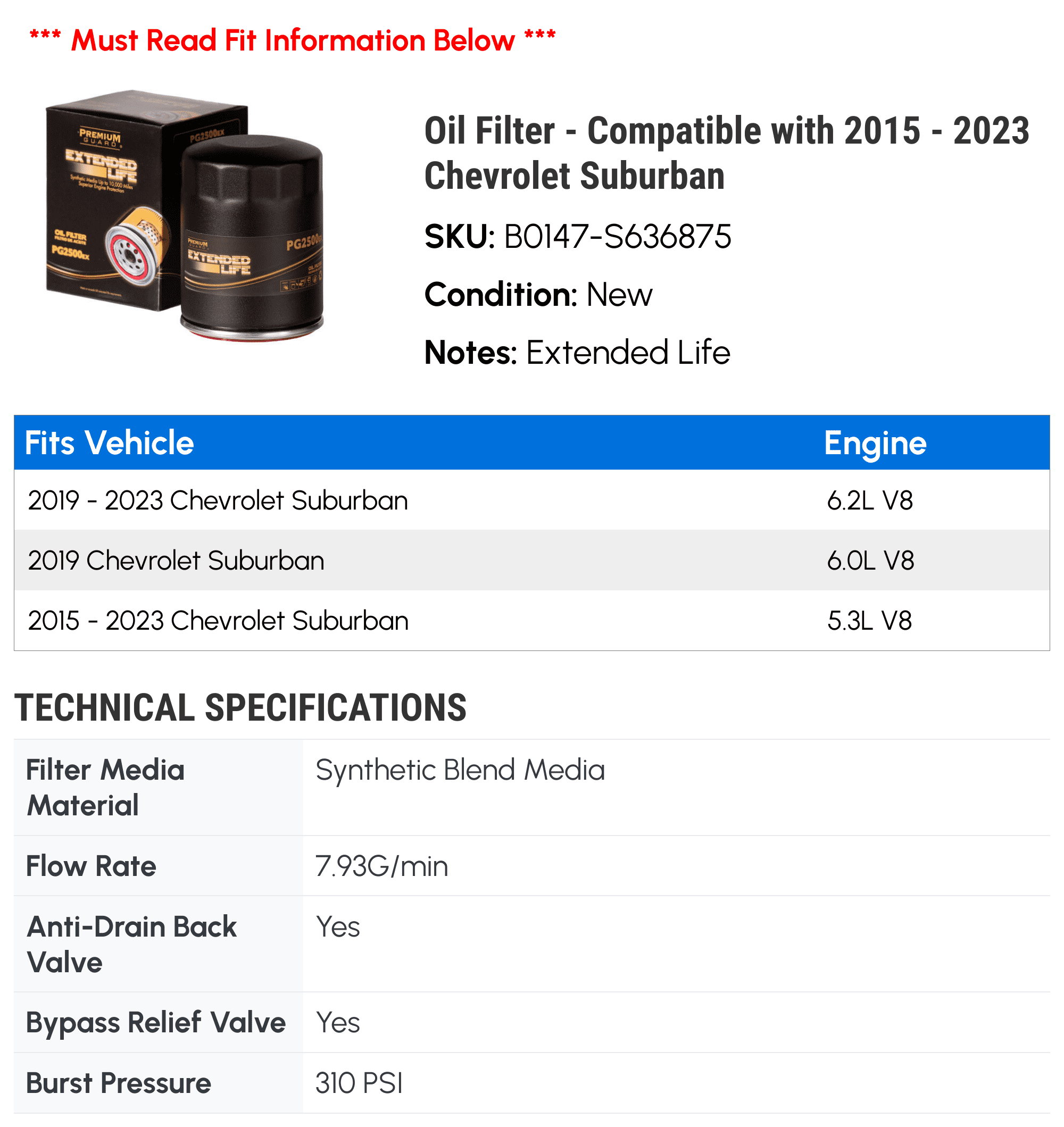 Oil Filter - Compatible with 2015 - 2023 Chevy Suburban 2016 2017 2018 2019 2020 2021 2022