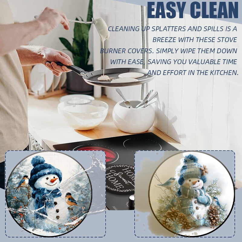 Christmas Electric Stove Burner Covers for Electric Stove, Blue Snowman Round Decorative Metal Gas Stovetop Covers Set of 4 for Kitchen, 8 Inches and 10 Inches
