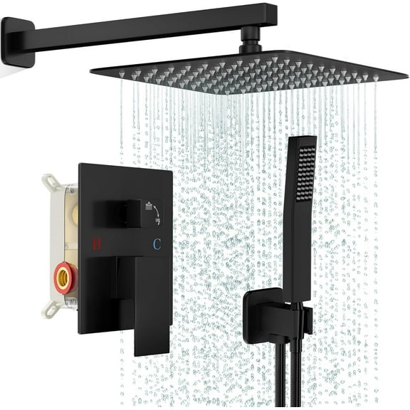 Black Shower Faucet Set, Rainfall Shower System with Square Shower Head and Handle Set, Wall Mounted Shower Fixtures, Full Metal Trim Repair Kit 10 inch Matte Black (With Shower Valve)