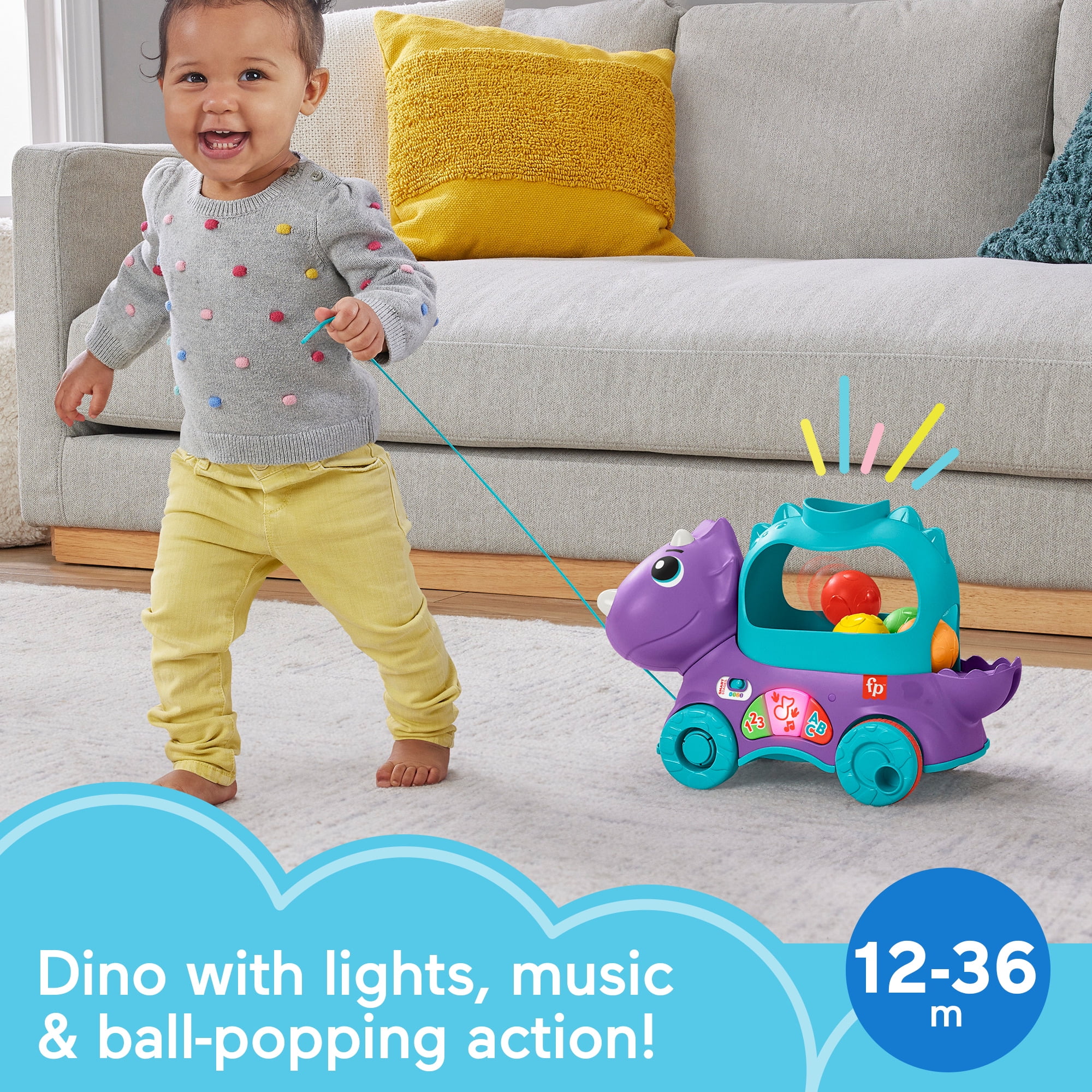 Fisher-Price Poppin’ Triceratops Dinosaur Interactive Musical Learning Toy for Toddlers, 4 Balls
