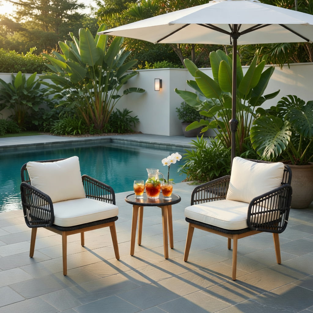 Hommoo 3-Piece Outdoor Patio Furniture Set, PE Rattan Chairs with Tempered Glass Side Table, Acacia Wood Frame, Weather-Resistant Cushions, Black