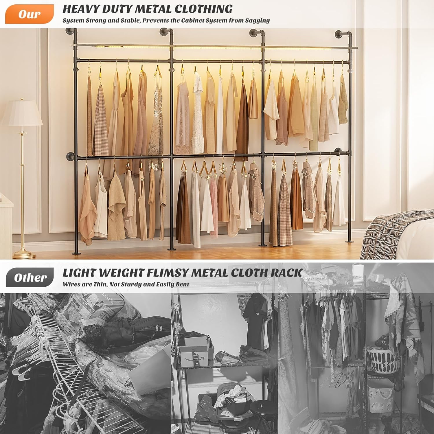 Homieasy Industrial Pipe Clothing Rack, Heavy Duty Garment Rack Closet Wardrobe Rack with LED Lights& Shelves, Black Oak
