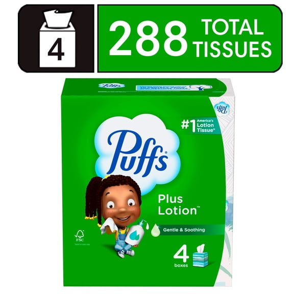 Puffs Plus Lotion Facial Tissue, 4 Mega Cube Boxes, 72 Tissues Per Box