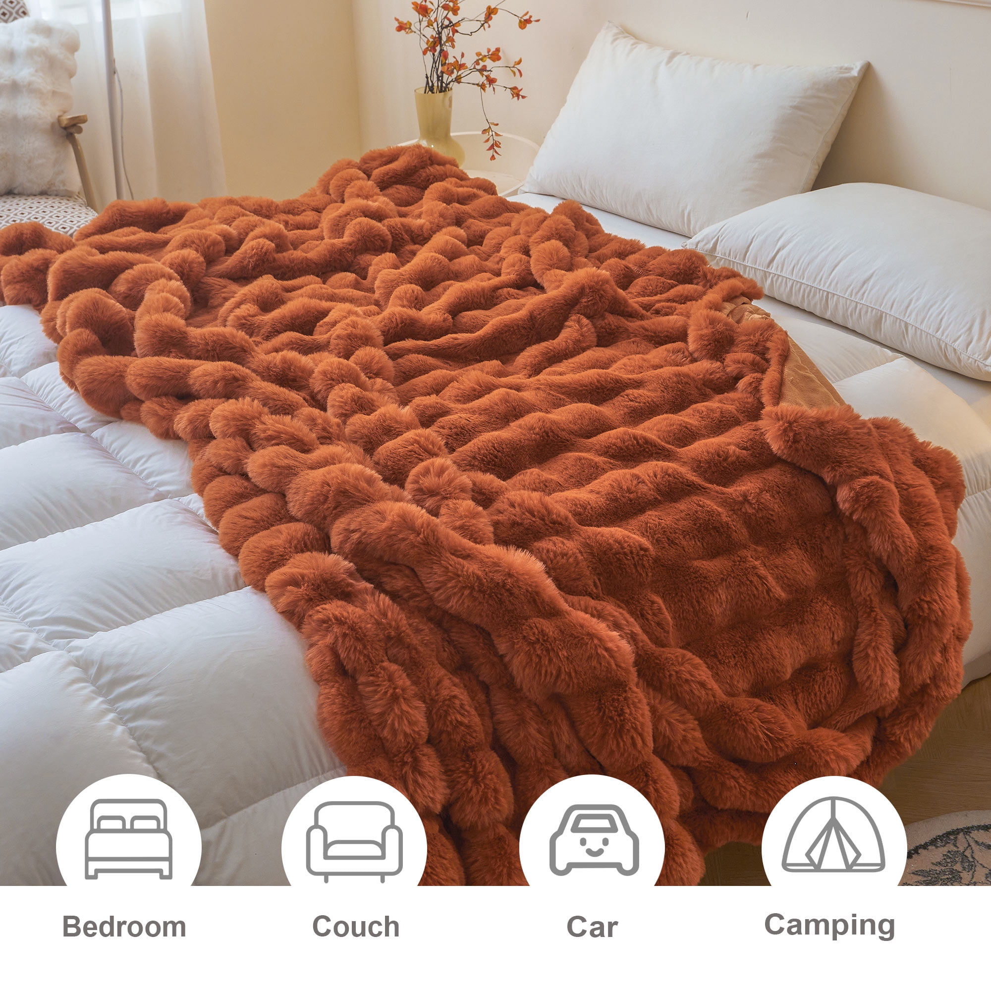 LIFEREVO Fluffy Faux Rabbit Fur Bubble Blanket, Plush Shaggy Waffle Throw for Couch Sofa, Cozy Furry Bed Blanket Adults Kids Teens Girls, Fuzzy Throw for Bedroom Living Room, 60x90, Burnt Orange