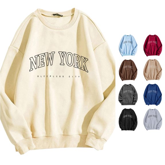 Trendfront Womens New York Graphic Sweatshirt Long Sleeve Crewneck Letter Print Sleepless City Theme Pullover Top