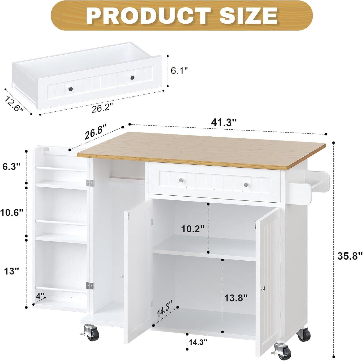 HAUXITIO 41.3" Kitchen Island with Drop Leaf,Towel Rack,Large Capacity Rolling Cart with Spice Rack and Storage,White