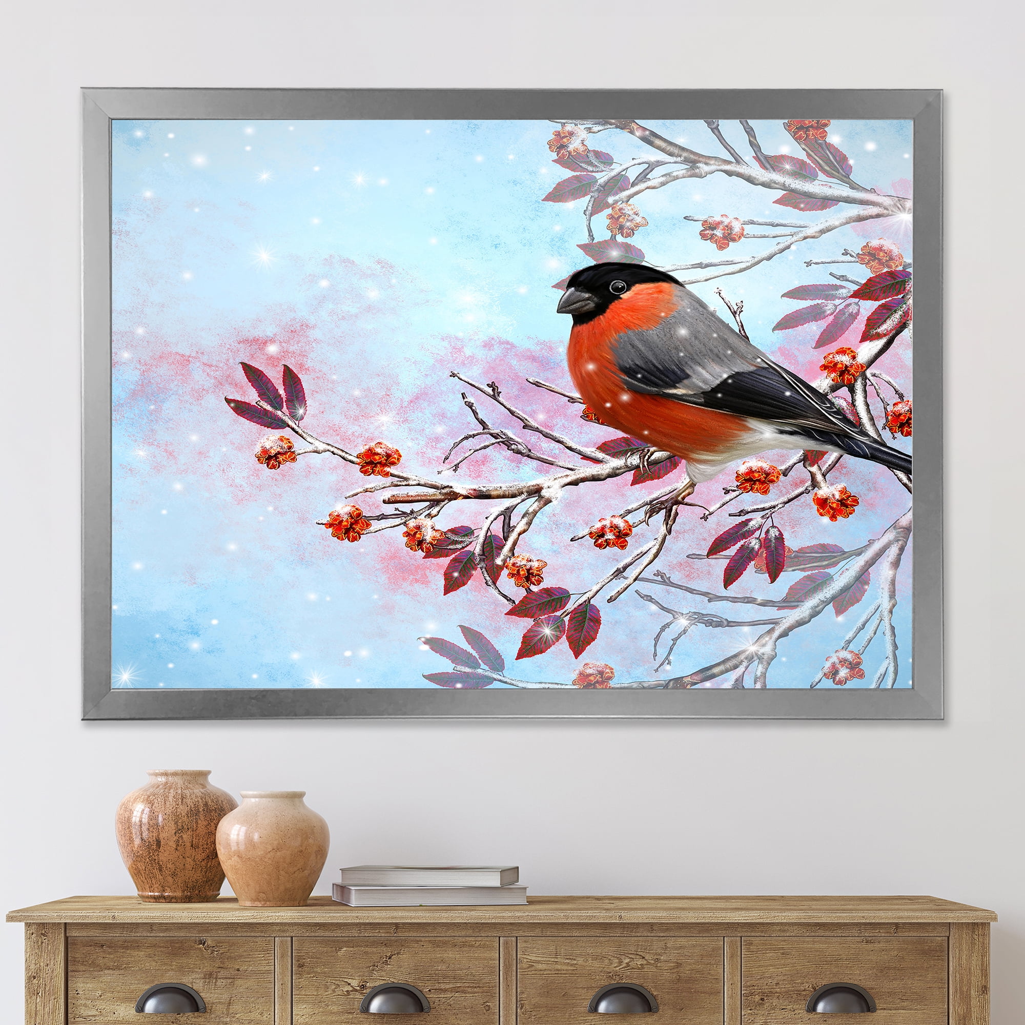 Designart 'A Bright Bullfinch Bird Sitting On A Branch' Traditional Framed Art Print