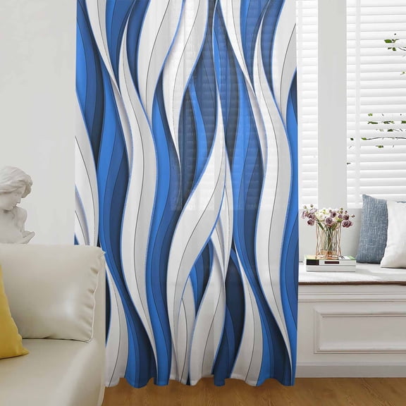Blue White Moire Sheer Curtains 63 Inches Long for Living Room/Bedroom, Modern Abstract Art Rod Pocket Voile Kitchen Curtains & Drapes Window Treatment 1 Panel, 52"W x 63"L